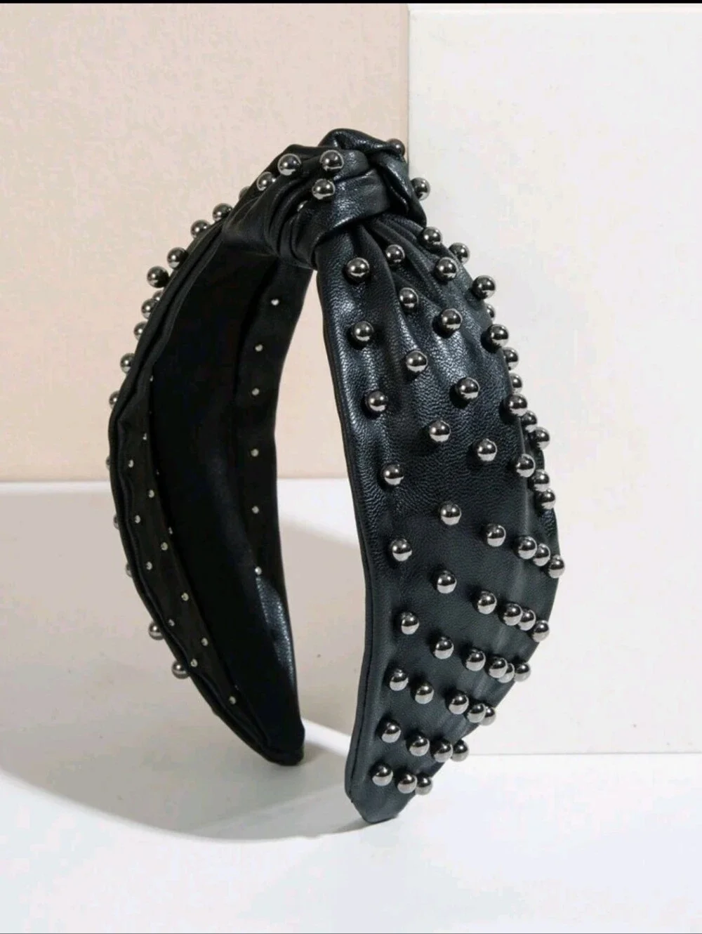 Gunmetal Faux Leather Polyurethane Beaded Top Knot Headband in Black